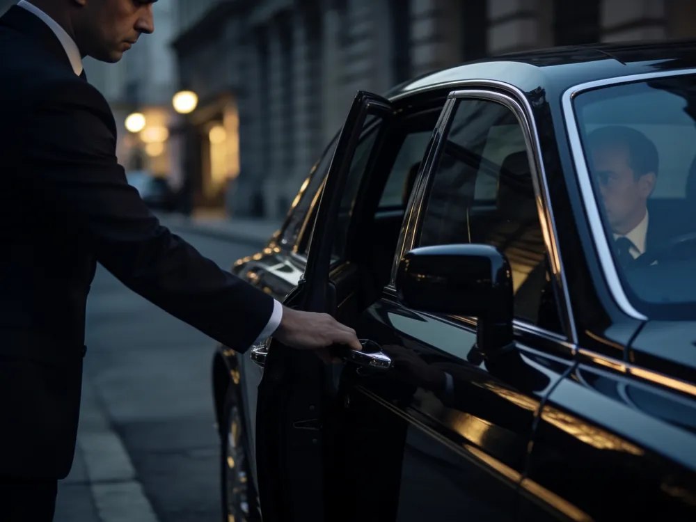 Personenschützer öffnet einem Klienten die Tür einer Limousine – diskreter Begleitschutz