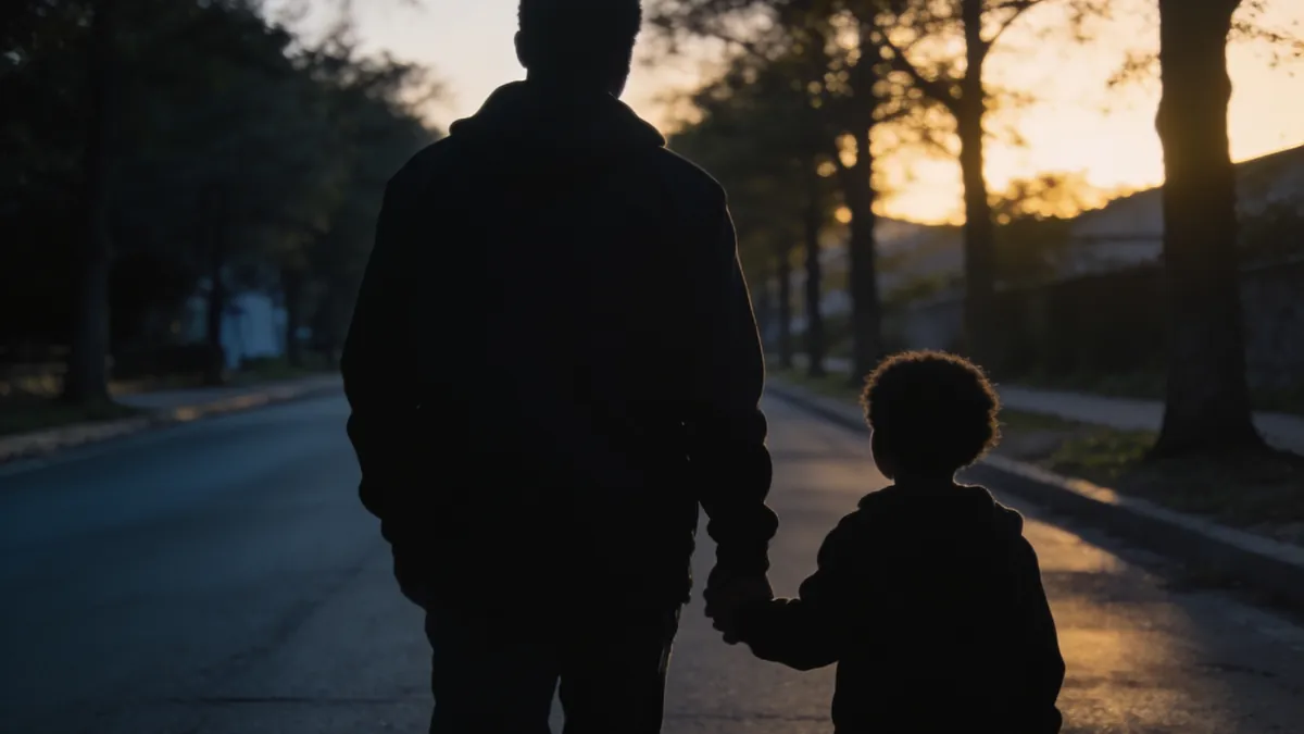 Erwachsener und Kind gehen Hand in Hand bei Sonnenuntergang