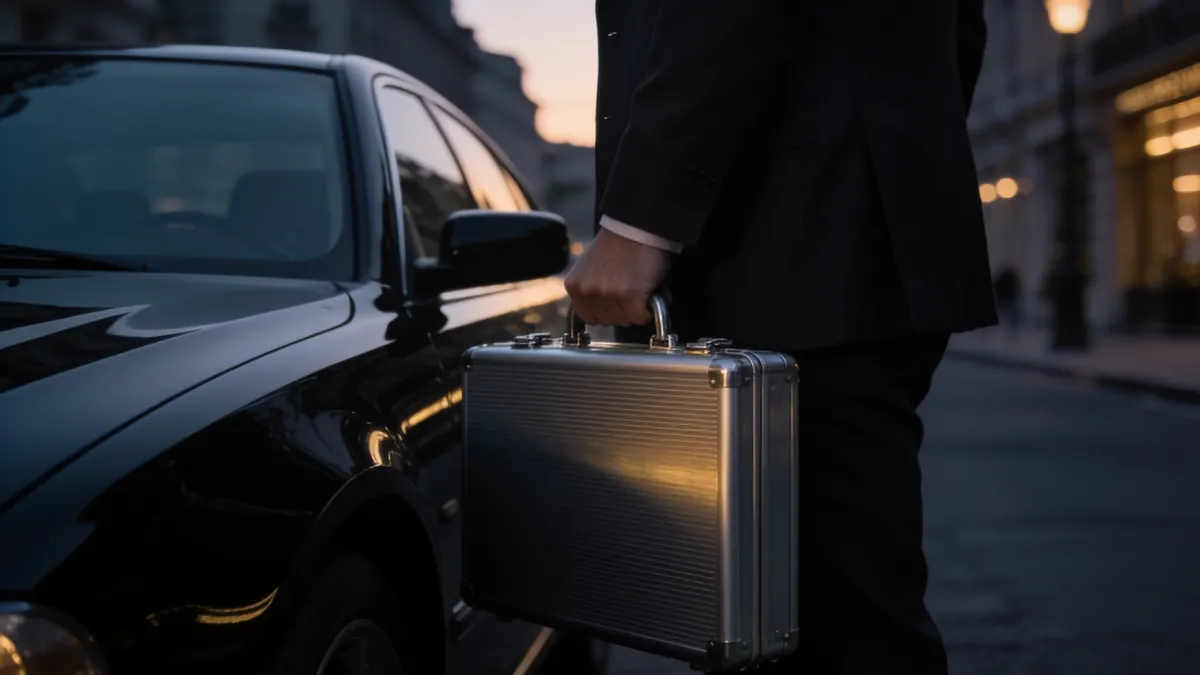 Diskreter Aktenkoffer neben einem dunklen Fahrzeug – Werttransport-Begleitung